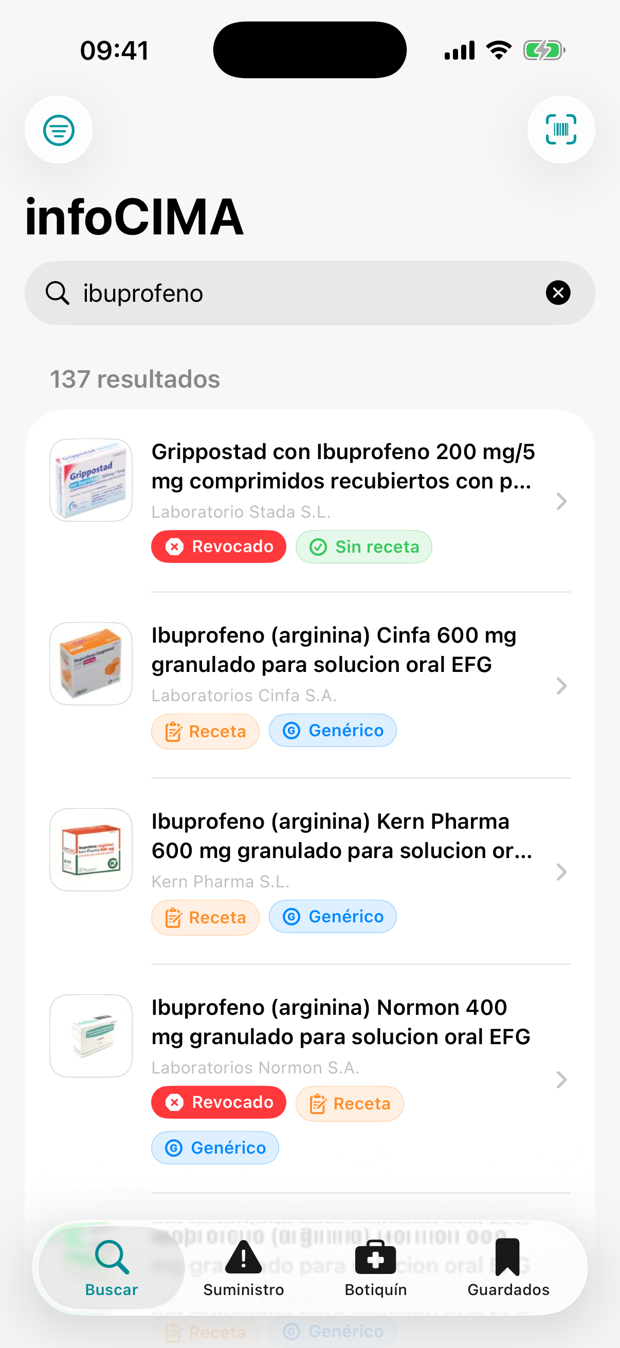 Resultados de búsqueda de ibuprofeno con distintivos de receta y genérico