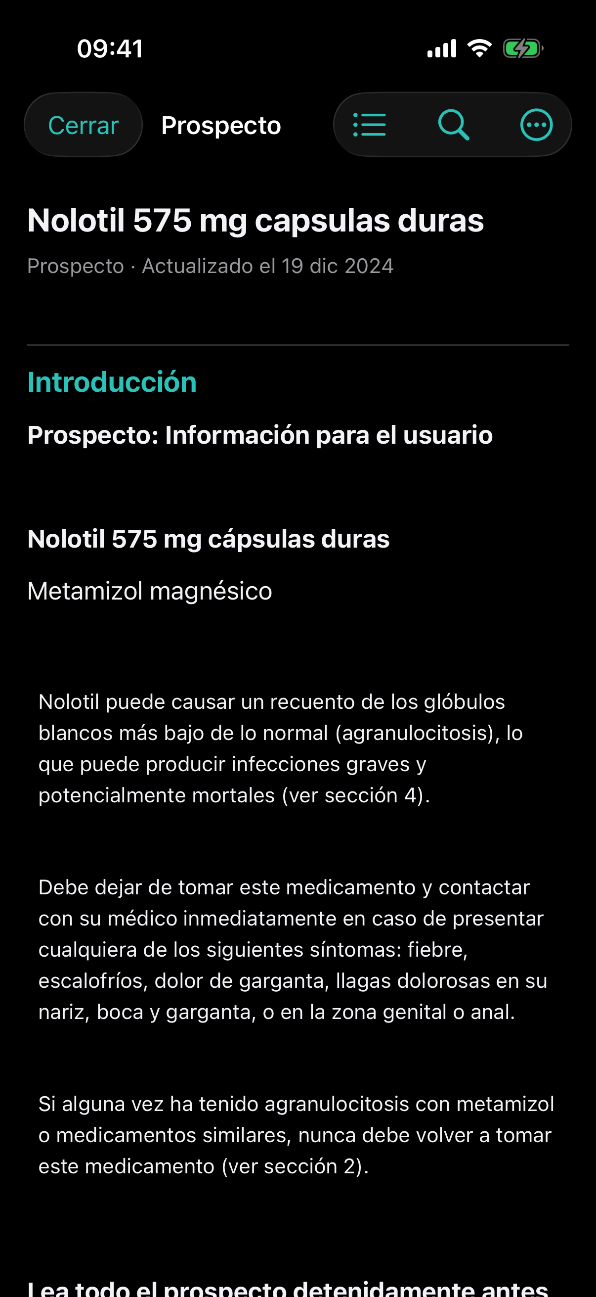 Prospecto de Nolotil en modo oscuro